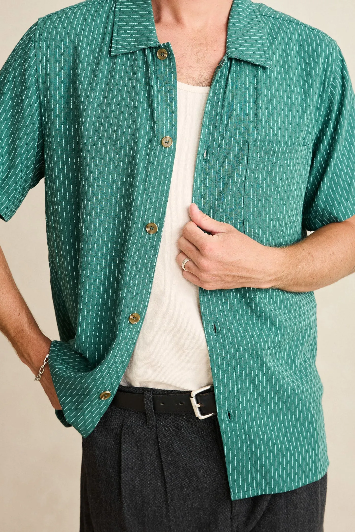 Linen Float Stitch Ss Shirt Pine sold by Rhythm. product image thumbnail 3