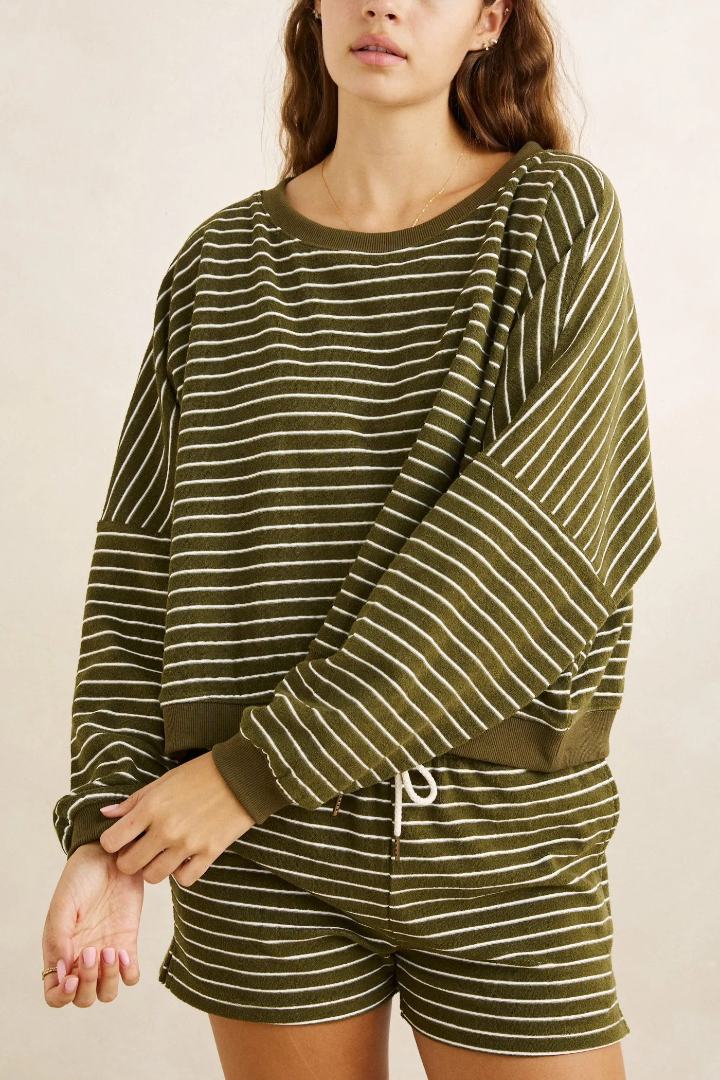 Terry Stripe Crewneck Olive sold by Rhythm. product image thumbnail 2