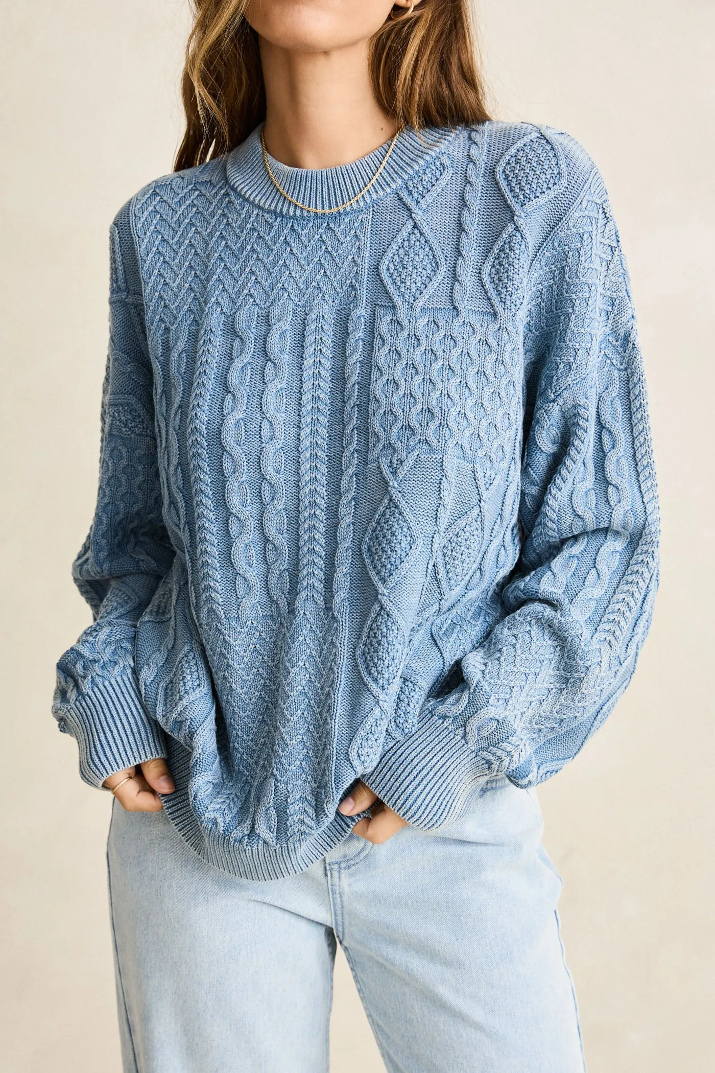 Patchwork Salt Wash Sweater Washed Blue sold by Rhythm. product image thumbnail 3