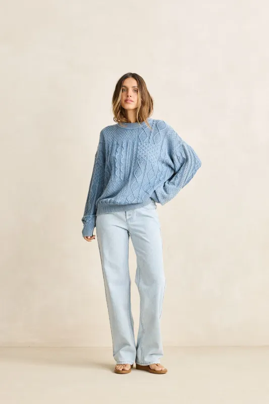 Patchwork Salt Wash Sweater Washed Blue made by Rhythm.