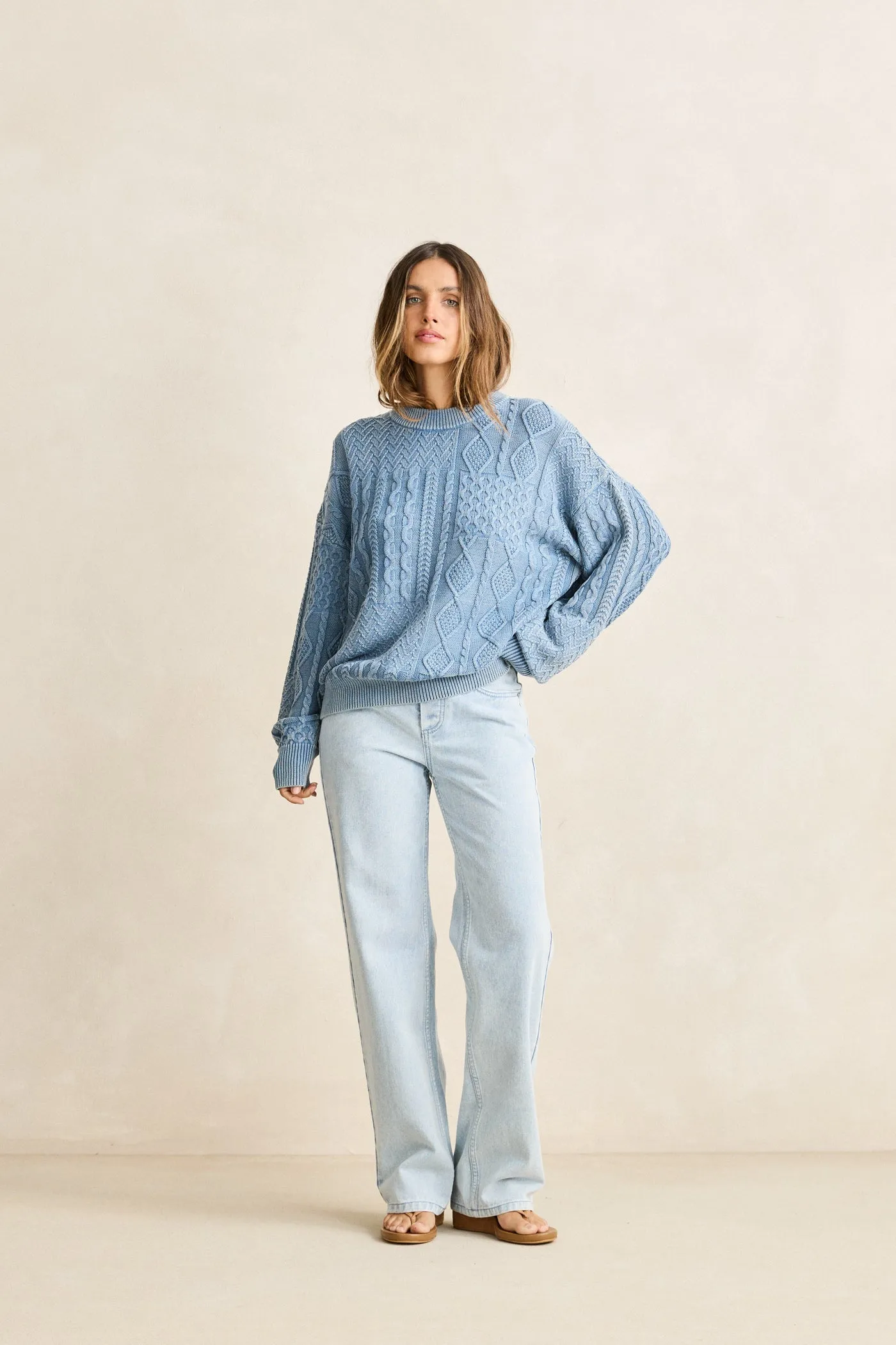 Patchwork Salt Wash Sweater Washed Blue sold by Rhythm.