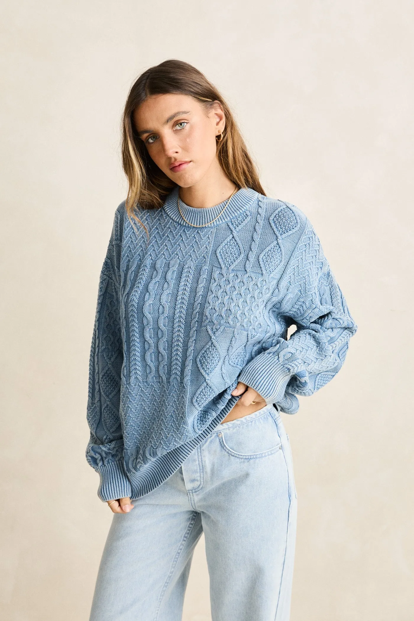 Patchwork Salt Wash Sweater Washed Blue sold by Rhythm. product image thumbnail 5