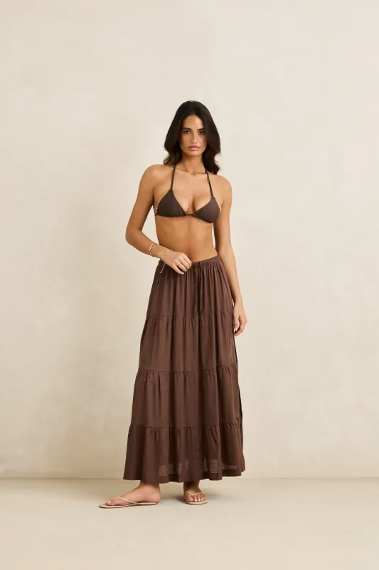 Classic Tiered Maxi Skirt Chocolate sold by Rhythm.