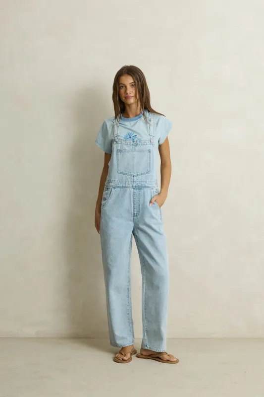 Lani Denim Overalls Light Wash made by Rhythm.
