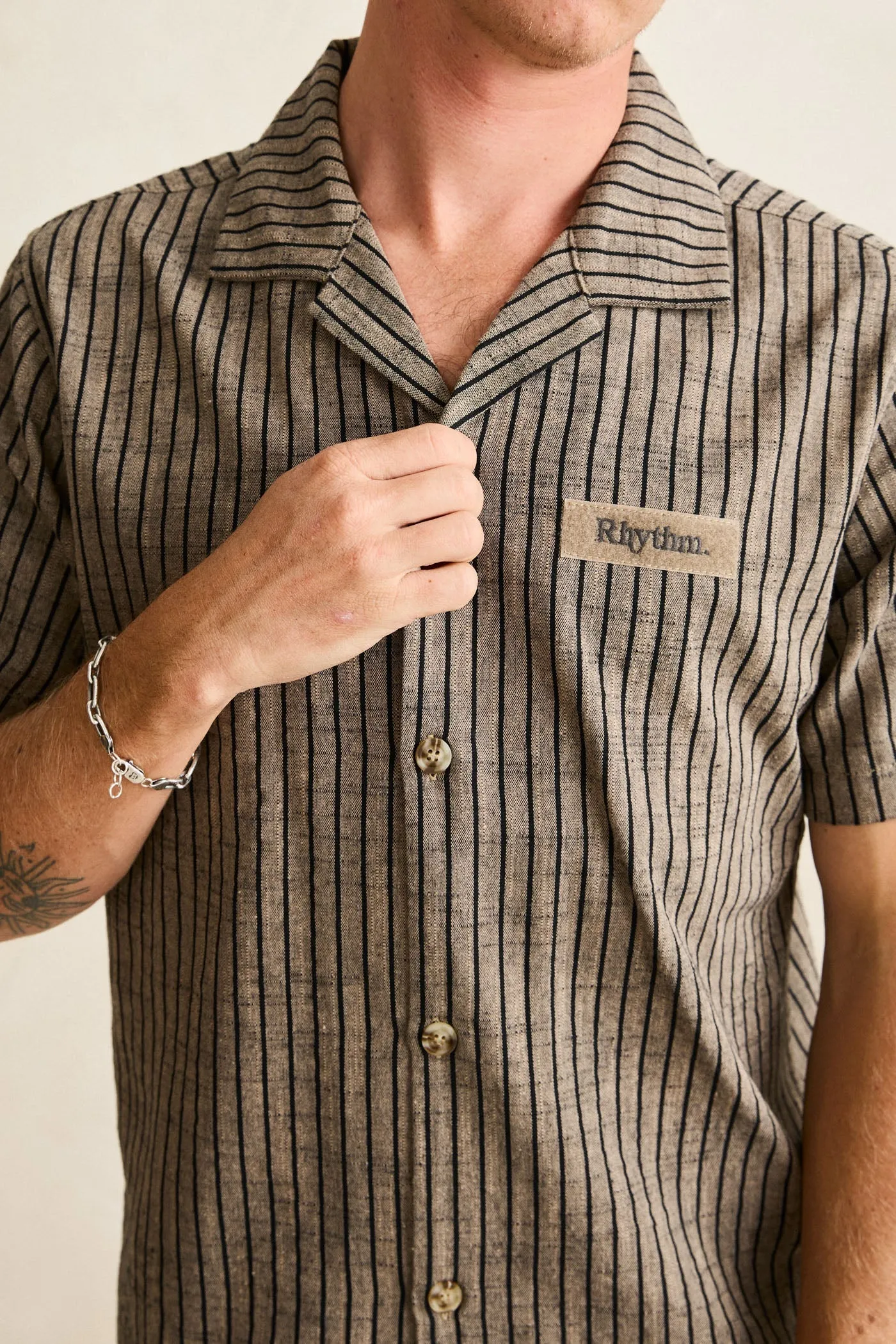 Texture Stripe Ss Shirt Natural sold by Rhythm. product image thumbnail 3