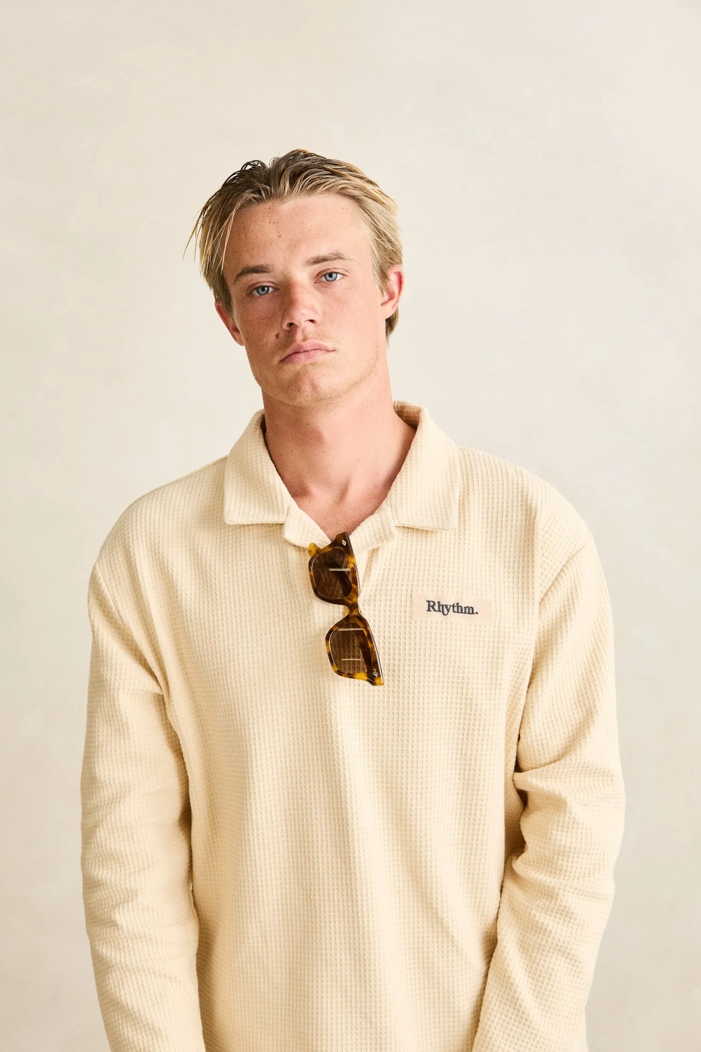 Waffle Rugby Ls Polo Cream sold by Rhythm. product image thumbnail 4
