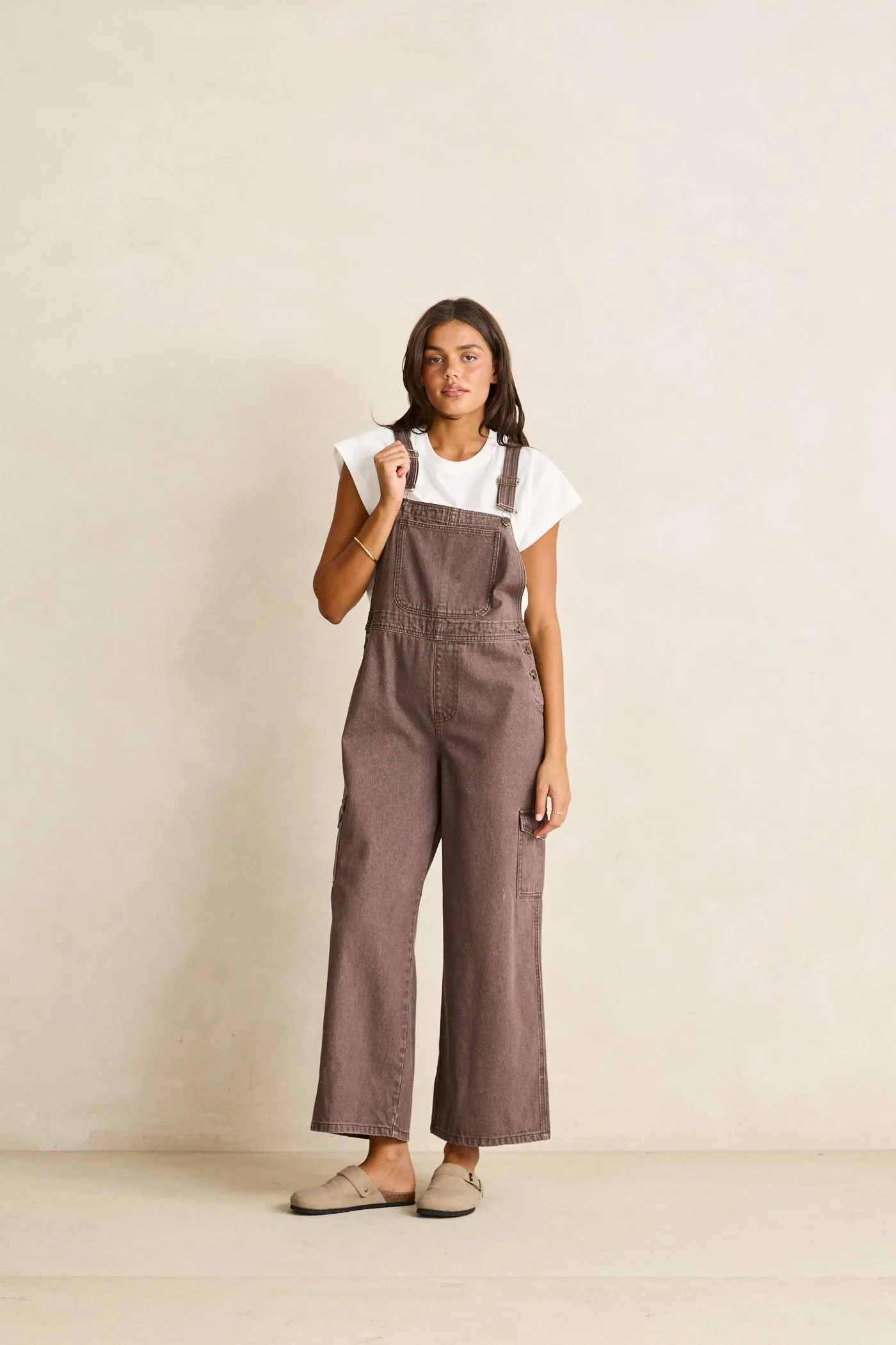 Charlie Wide Leg Cargo Overalls Chocolate sold by Rhythm.