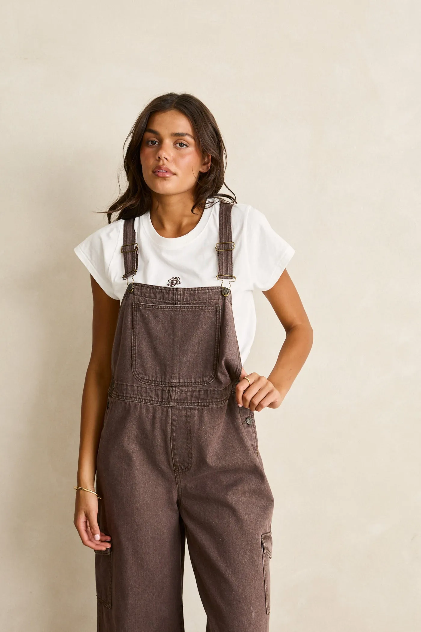 Charlie Wide Leg Cargo Overalls Chocolate sold by Rhythm. product image thumbnail 2