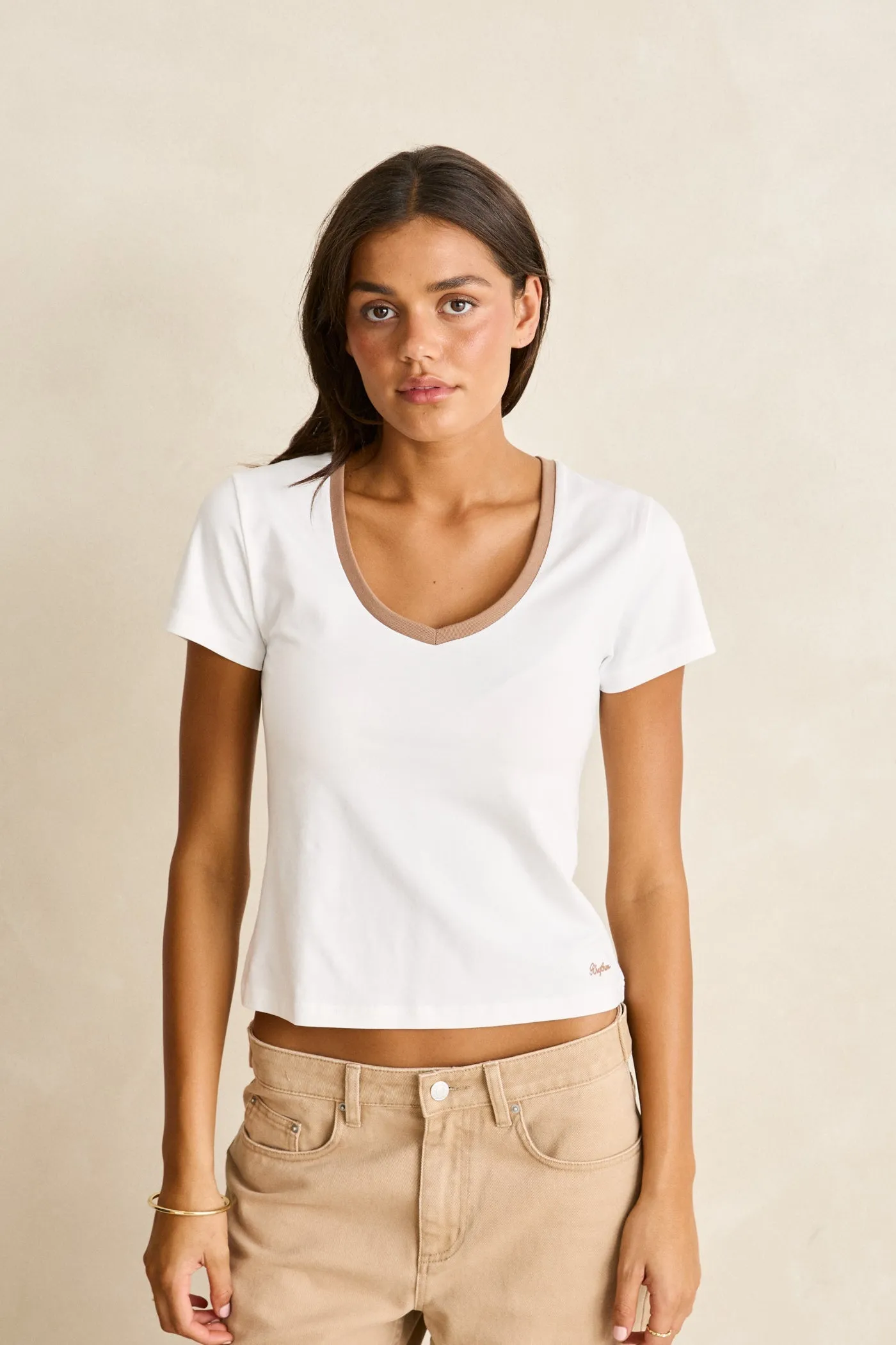 Louise V-Neck Slim Fit Tee Vintage White sold by Rhythm. product image thumbnail 2