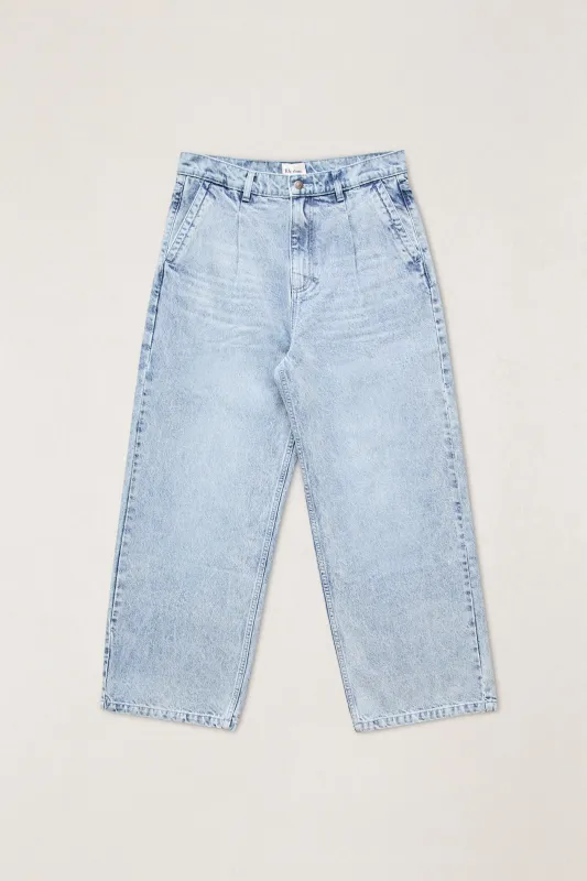 Denim Pleated Relaxed Straight Pant Washed Blue made by Rhythm.