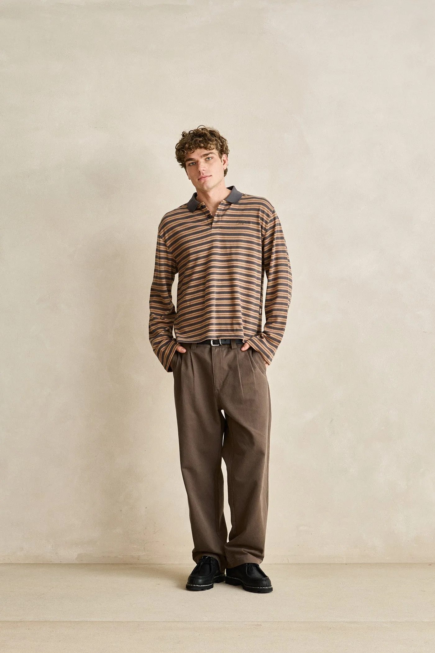 Manarola Stripe Relaxed Ls Rugby Polo Tobacco sold by Rhythm. product image thumbnail 5