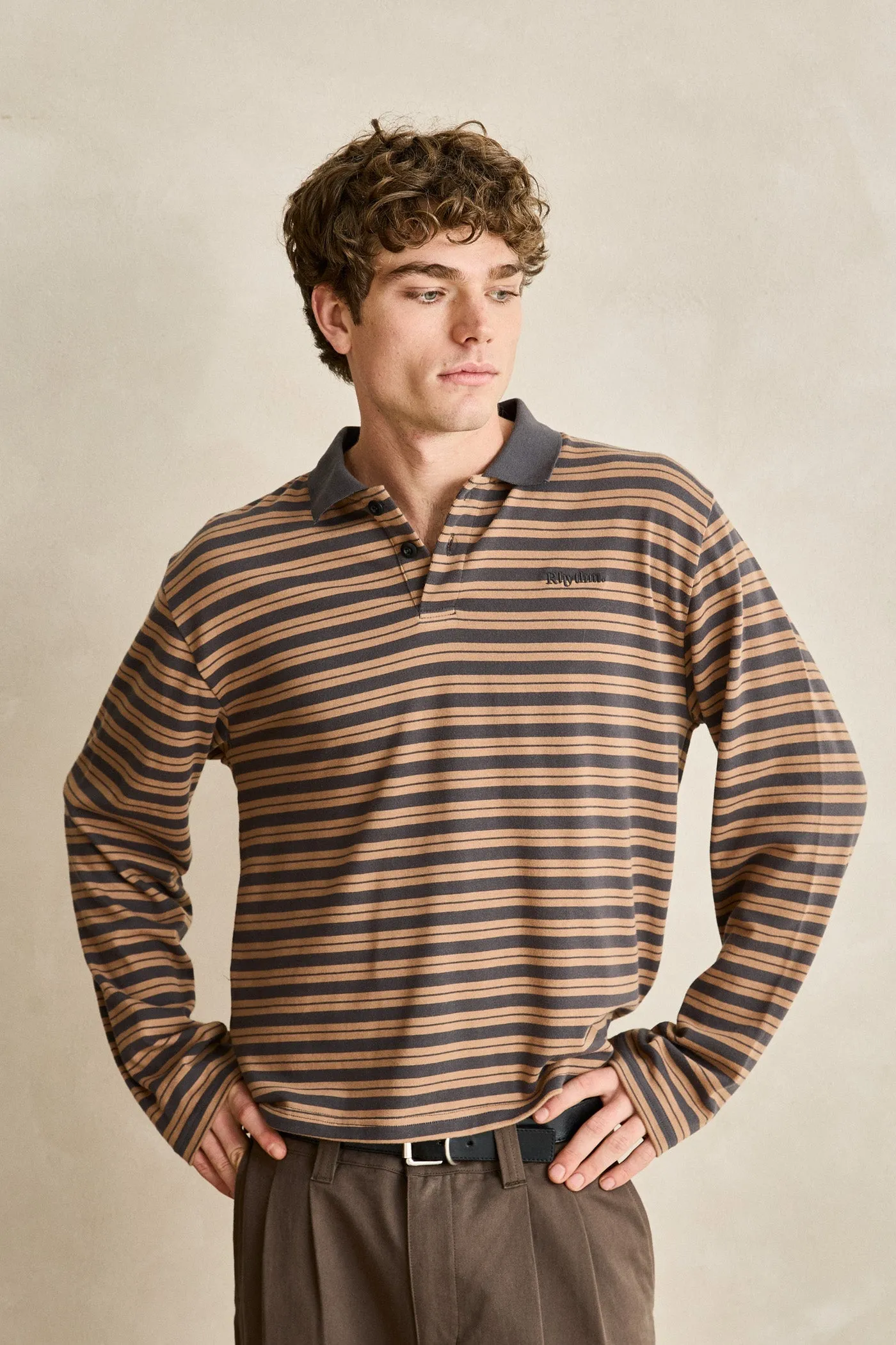 Manarola Stripe Relaxed Ls Rugby Polo Tobacco sold by Rhythm. product image thumbnail 2