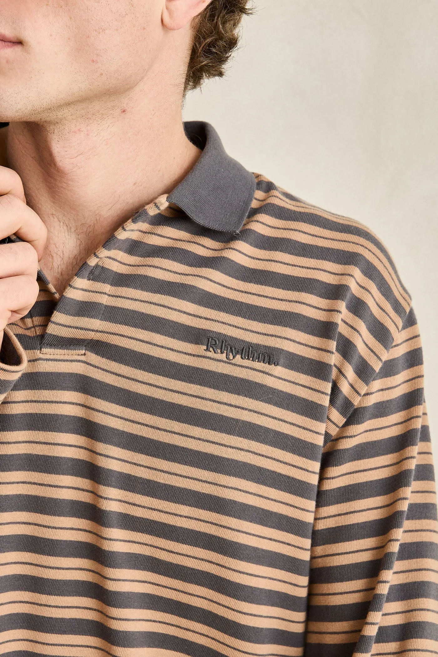 Manarola Stripe Relaxed Ls Rugby Polo Tobacco sold by Rhythm. product image thumbnail 3