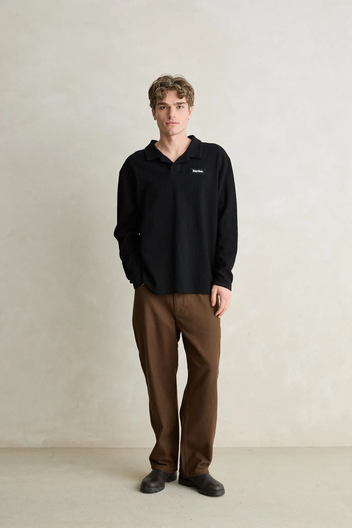 Waffle Rugby Ls Polo Black sold by Rhythm. product image thumbnail 3