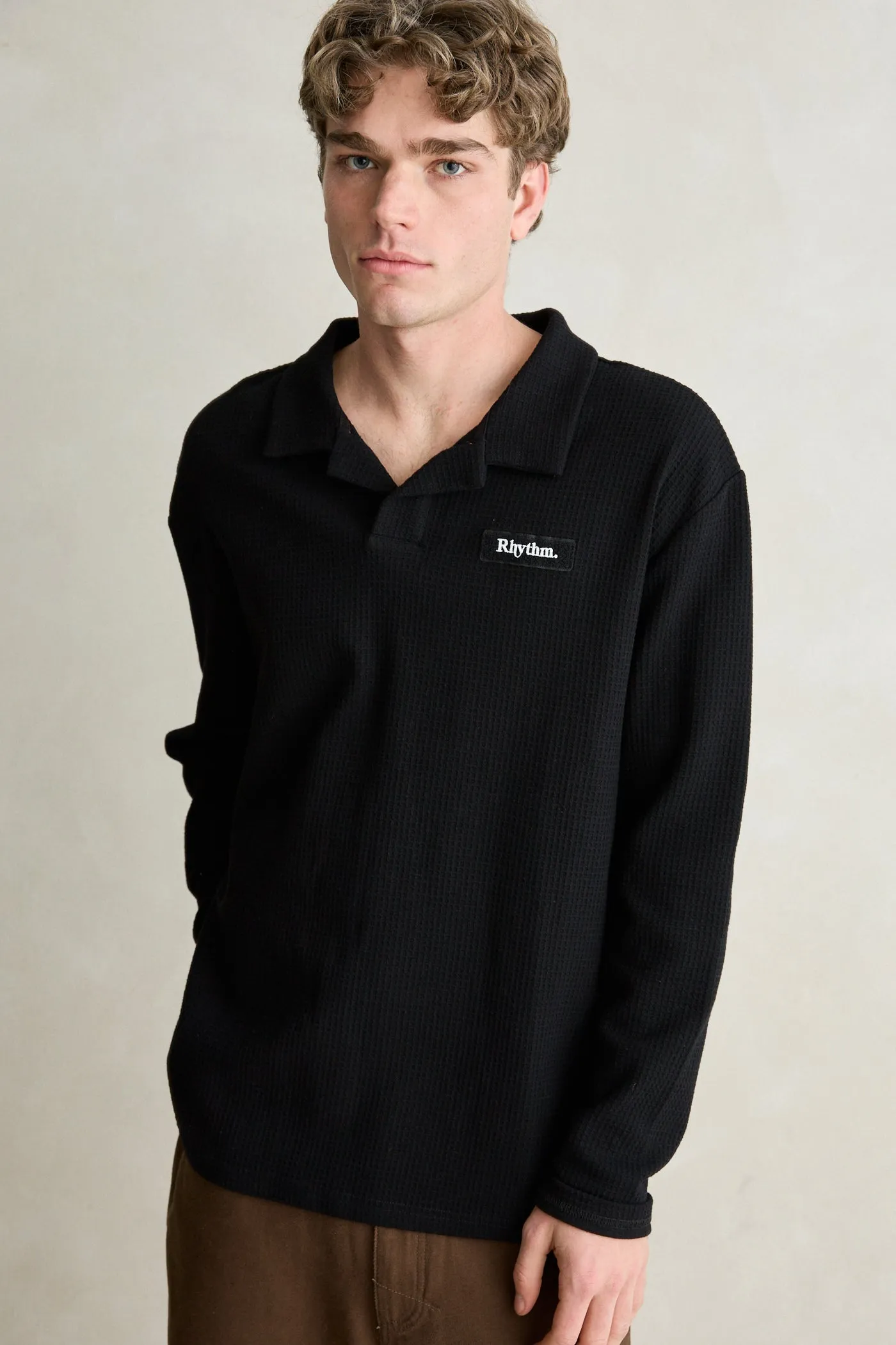 Waffle Rugby Ls Polo Black sold by Rhythm. product image thumbnail 2