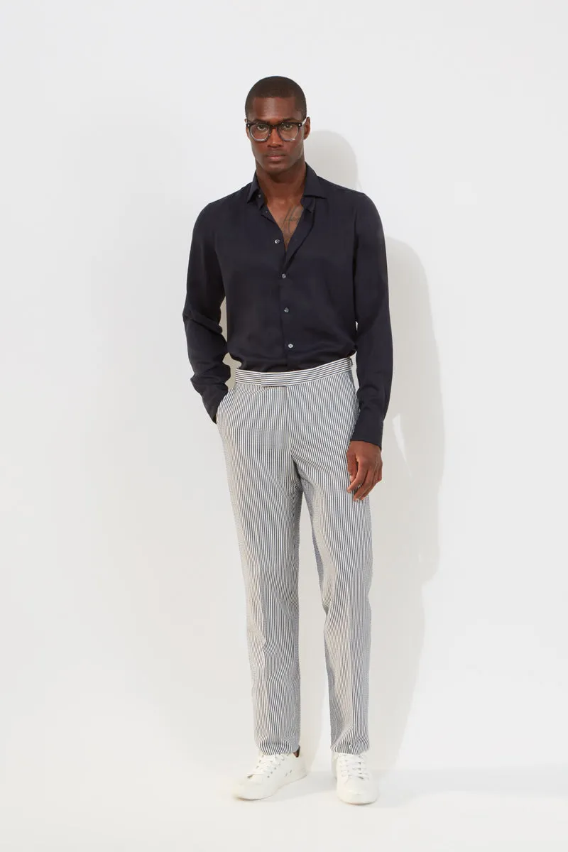 Chapman Trousers – Navy Double-Faced Seersucker sold by Richard James