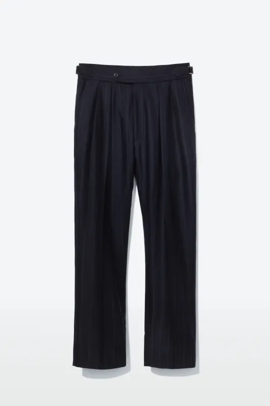 Hepworth Trousers – Navy Wool Chalk Stripe sold by Richard James