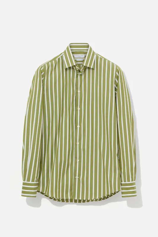 Contemporary Shirt – Avocado & White Ribbon Stripe sold by Richard James