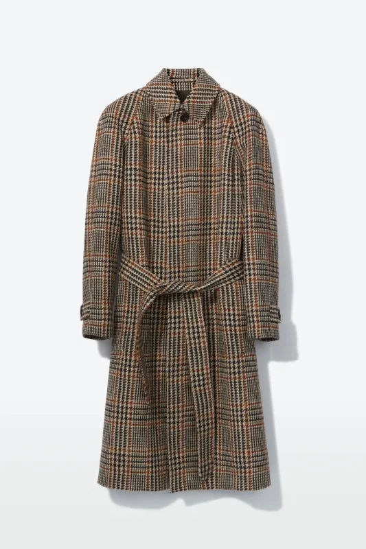 Belted Raglan Coat – Nut Brown Pure New Wool Check made by Richard James