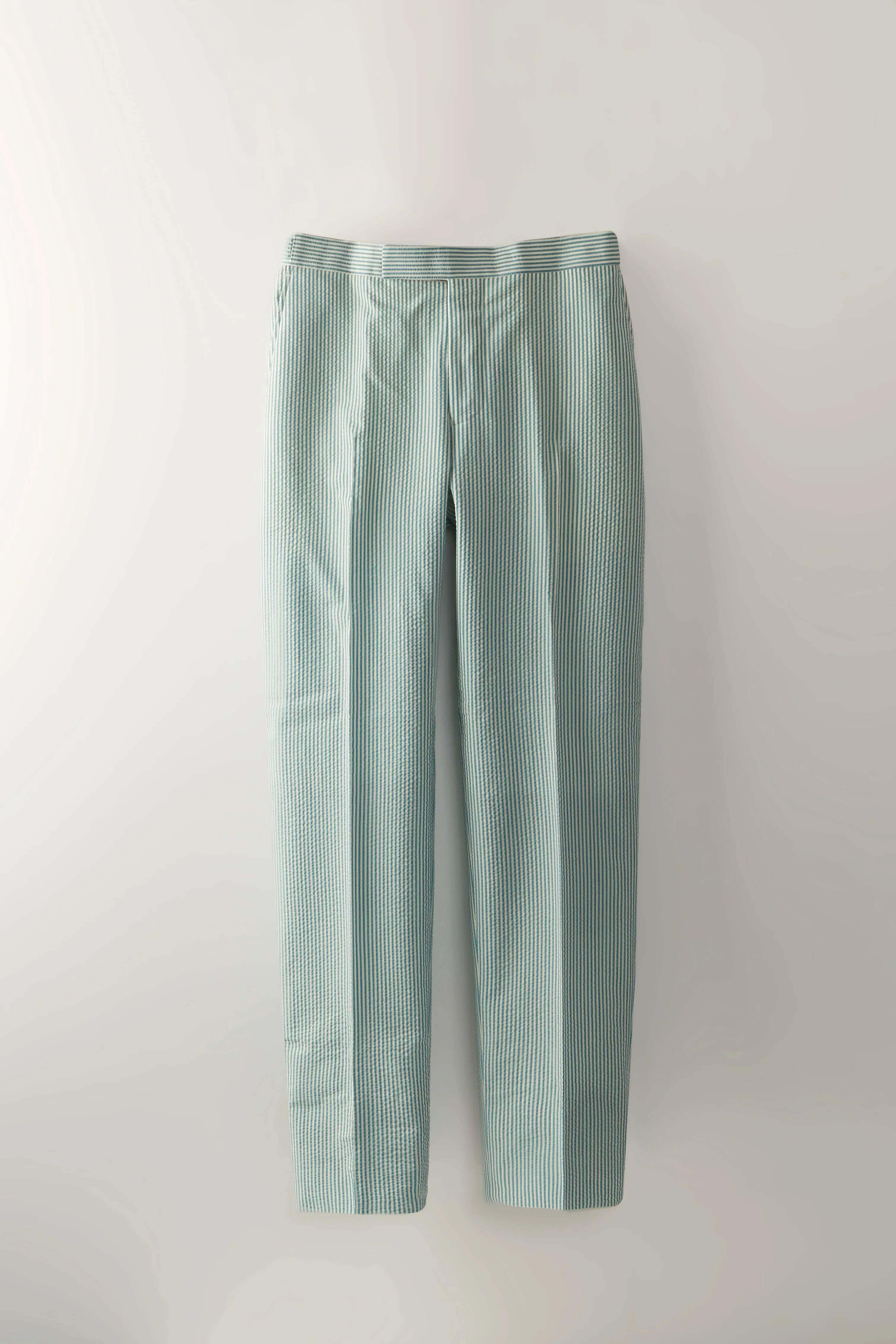 Chapman Trousers – Turquoise Wool & Silk Seersucker sold by Richard James