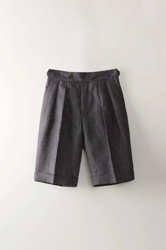 Pleated Shorts – Denim Blue Linen & Cotton made by Richard James