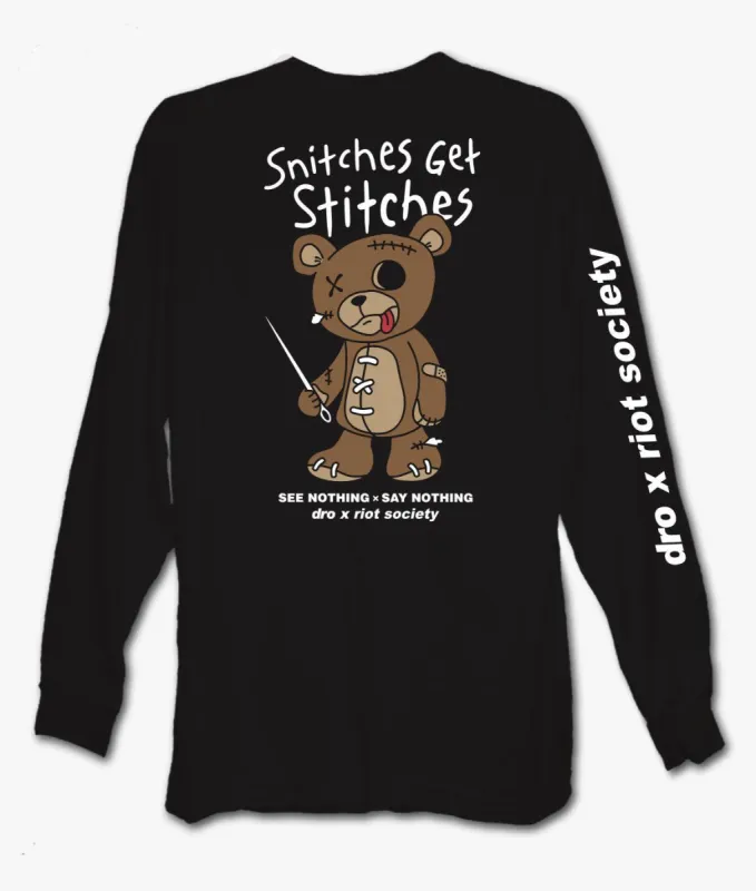 Dro x Riot Society Snitches Get Stitches Mens Long Sleeve T-Shirt sold by riot society