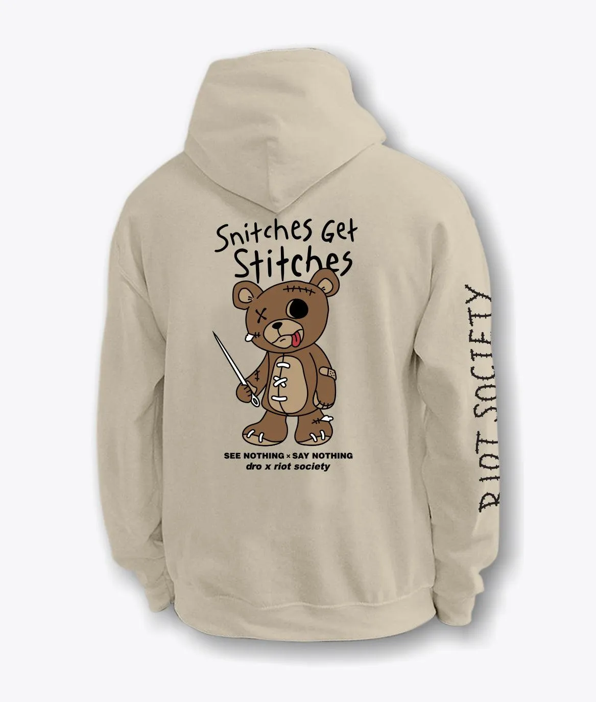 Dro x Riot Society Snitches Get Stitches Mens Hoodie Parallel