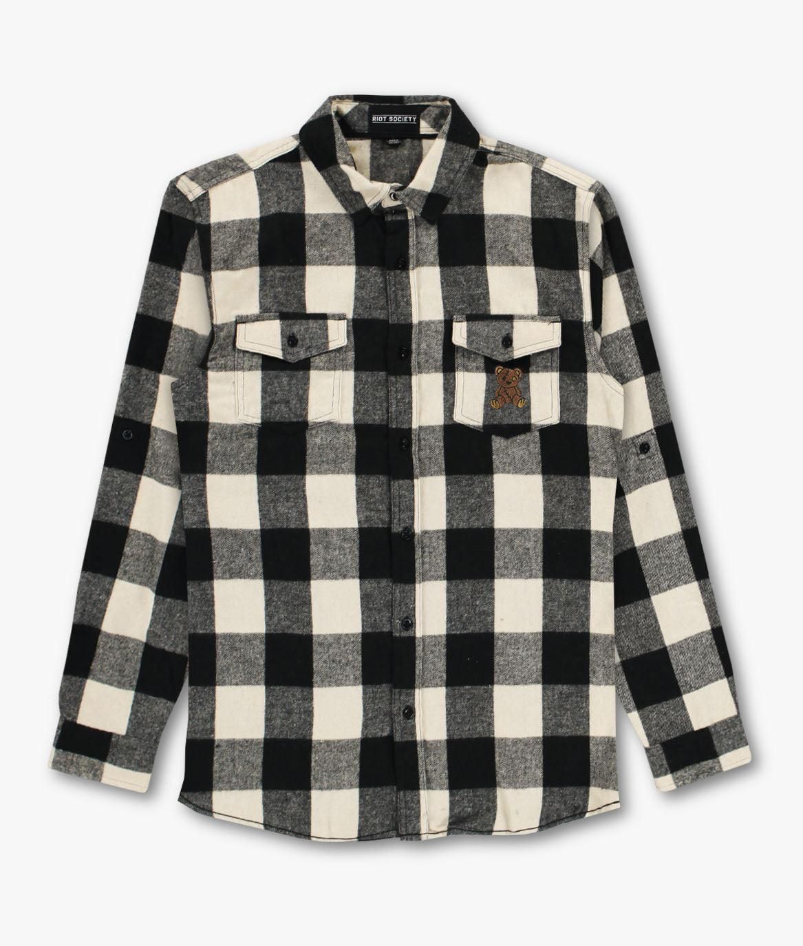 Teddy Bear Embroidered Mens Premium Yarn-Dyed Long Sleeve Flannel Shirt sold by riot society