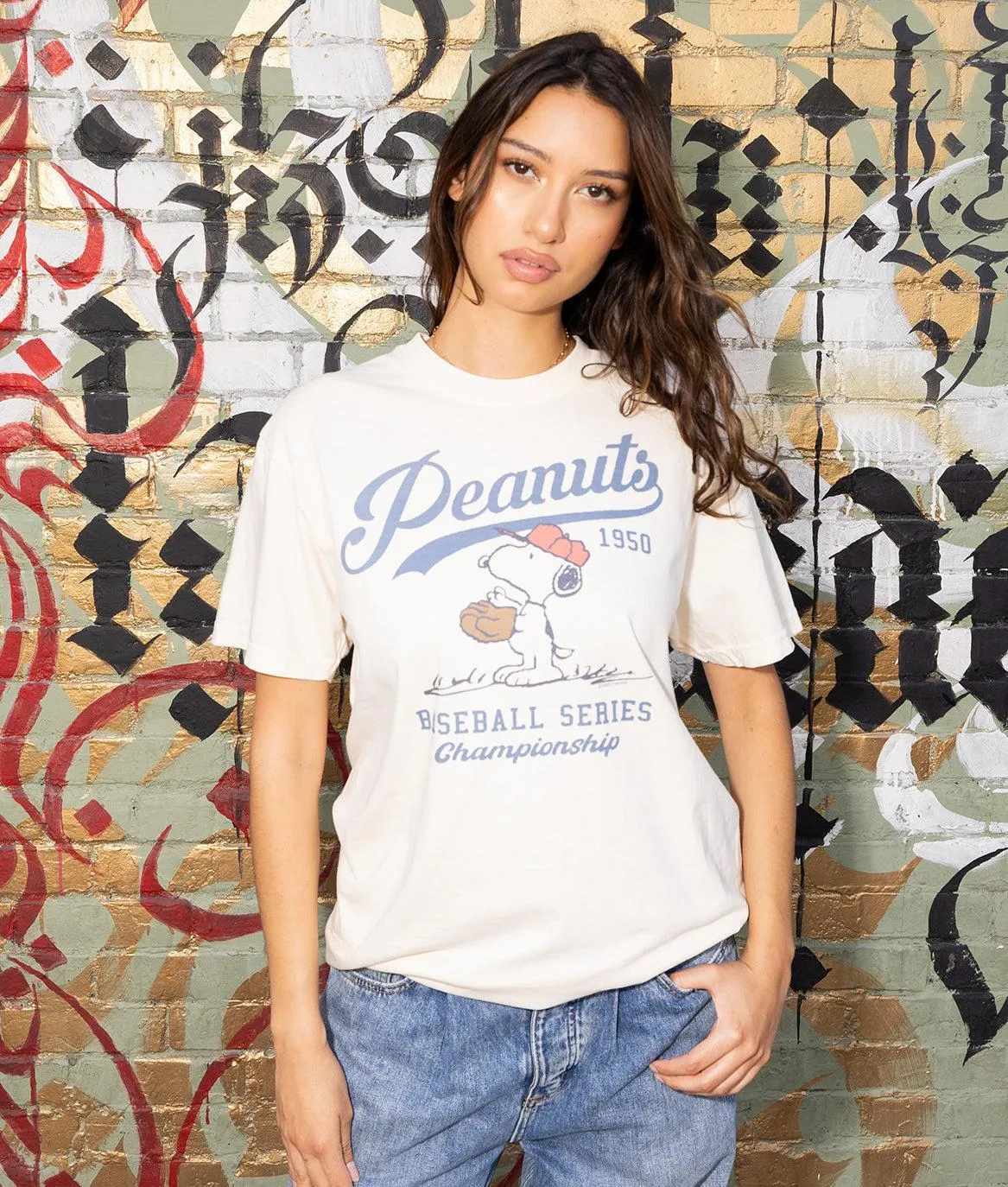 Peanuts Snoopy Baseball Boyfriend Tee - Ivory sold by riot society