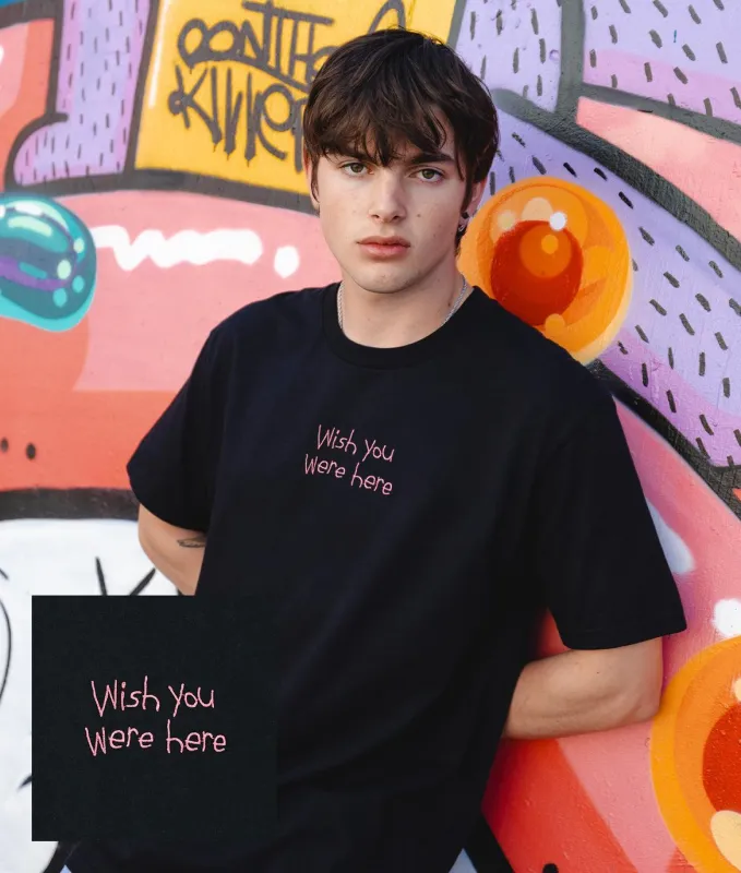 Wish You Were Here Embroidered Ments T-Shirt sold by riot society