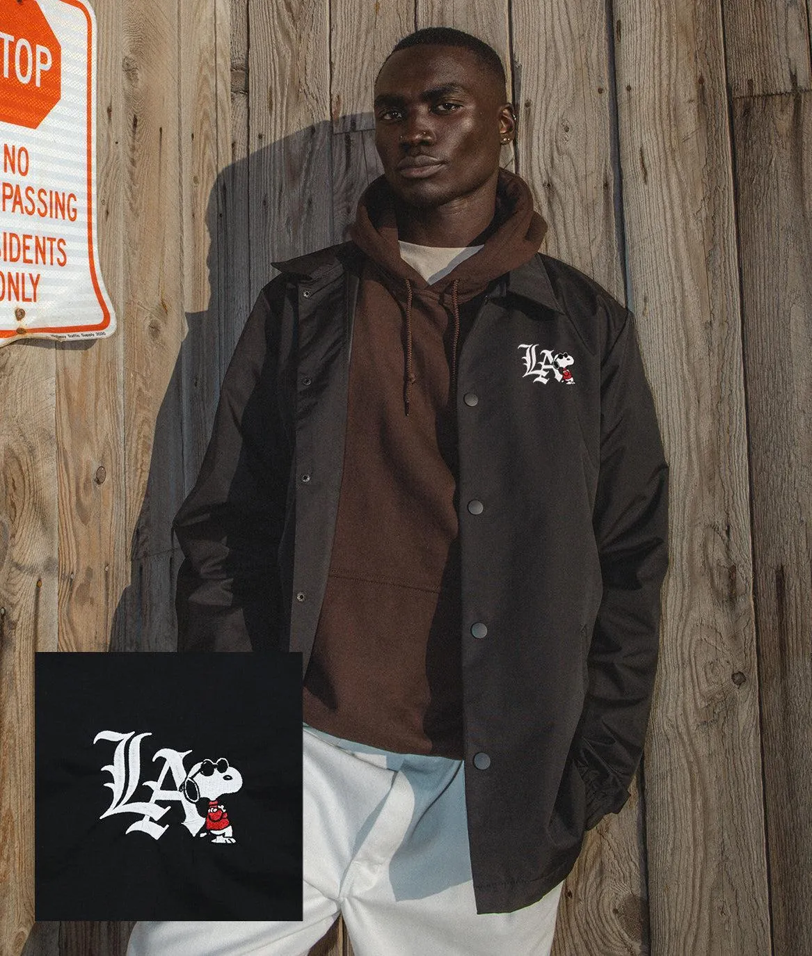 Peanuts Snoopy LA Chill Embroidered Mens Coaches Jacket sold by riot society