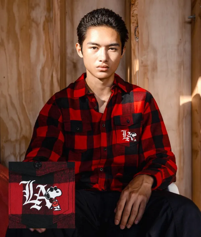 Peanuts Snoopy LA Chill Embroidered Mens Flannel Shirt made by riot society