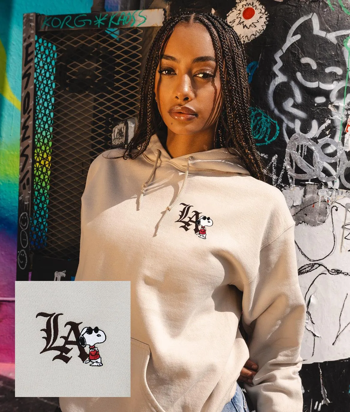 Peanuts Snoopy LA Chill Embroidered Womens Hoodie - Sand sold by riot society