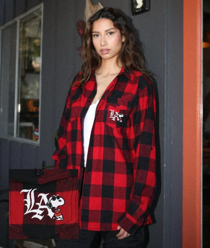 Peanuts Snoopy LA Chill Embroidered Unisex Flannel Shirt made by riot society