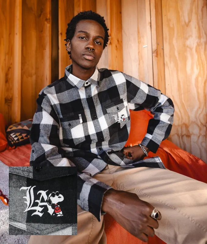 Peanuts Snoopy LA Chill Embroidered Mens Flannel Shirt sold by riot society