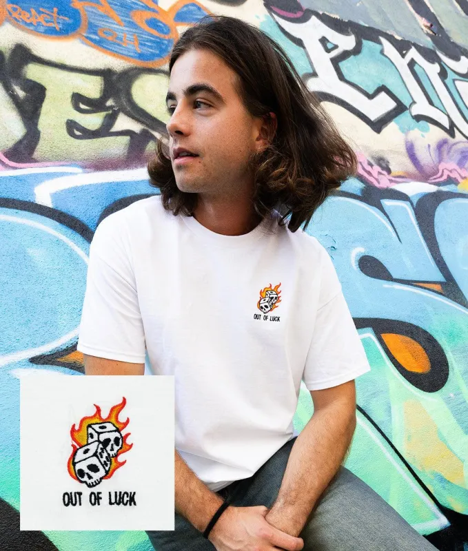 Out Of Luck Skull Dice Flames Embroidered Mens T-Shirt made by riot society