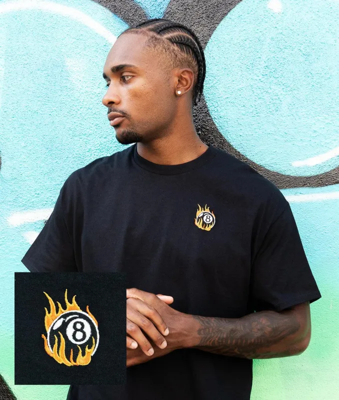 8 Ball Flames Embroidered Mens T-Shirt made by riot society