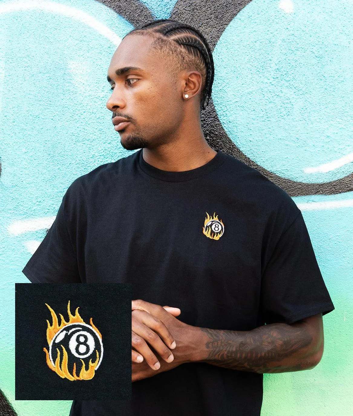 8 Ball Flames Embroidered Mens T-Shirt sold by riot society