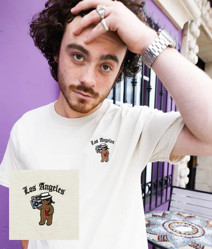 LA OG Riot Bear Embroidered Mens T-Shirt - Sand made by riot society