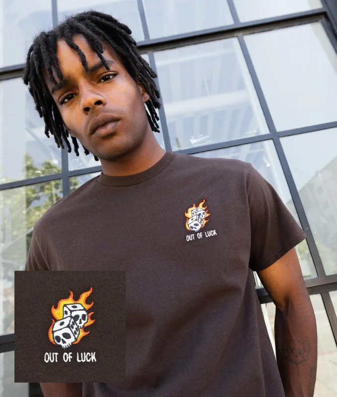 Out Of Luck Skull Dice Flames Embroidered Mens T-Shirt - Dark Chocolate made by riot society