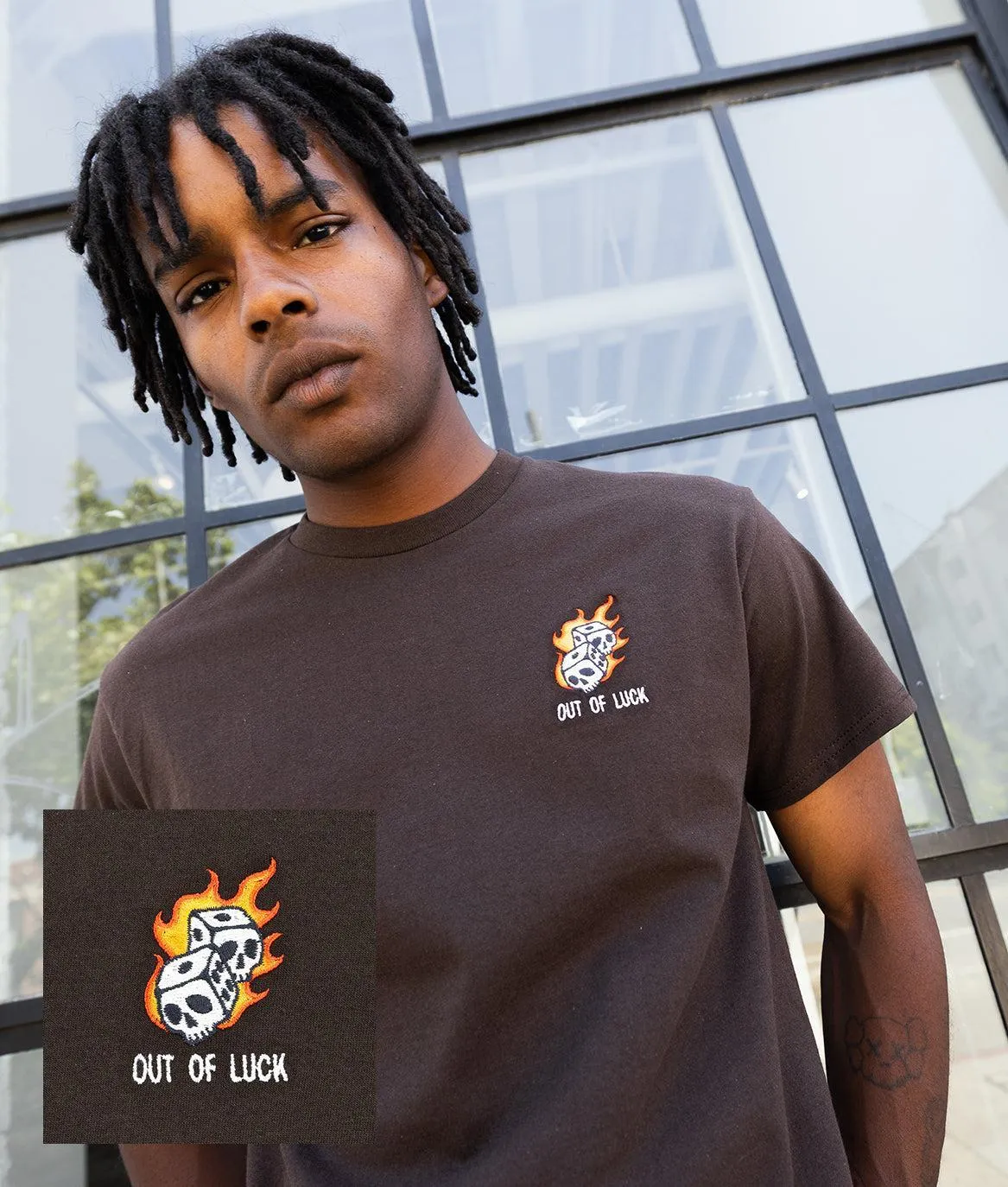 Out Of Luck Skull Dice Flames Embroidered Mens T-Shirt - Dark Chocolate sold by riot society