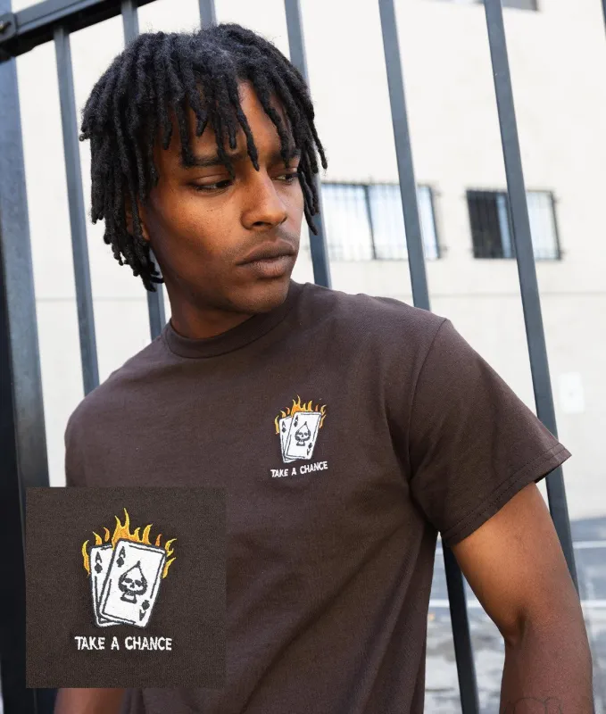 Take a Chance Cards Embroidered Mens T-Shirt - Dark Chocolate made by riot society