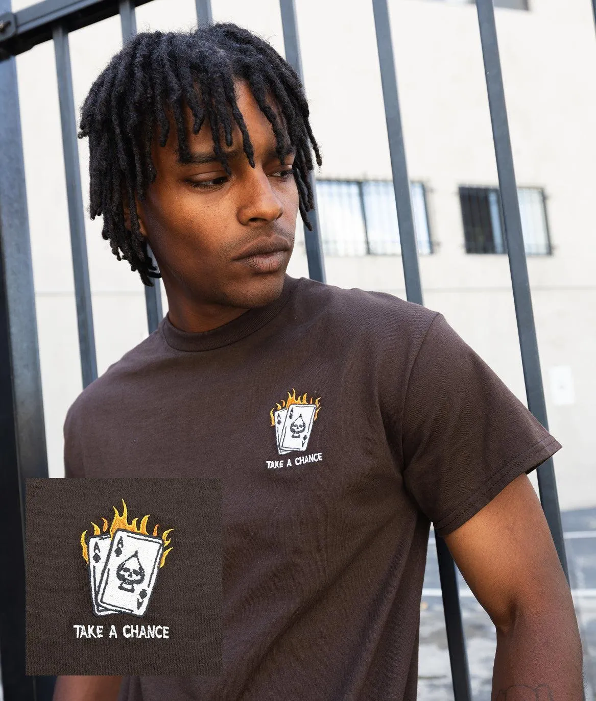 Take a Chance Cards Embroidered Mens T-Shirt - Dark Chocolate sold by riot society