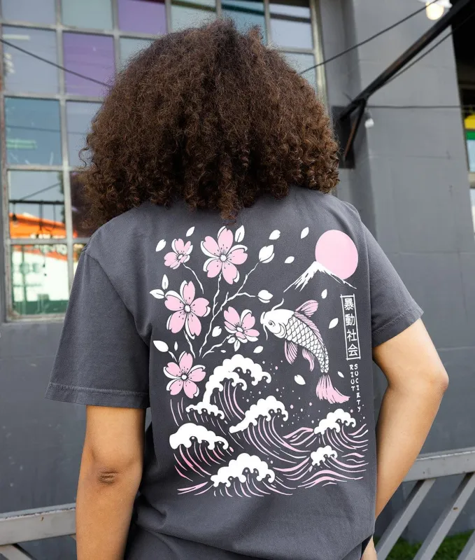 Koi Cherry Blossoms Wave Puff Boyfriend Tee - Graphite made by riot society