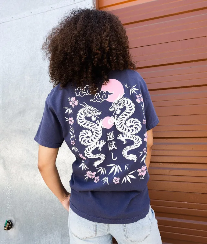 Dragon Cherry Blossoms 8 Ball Puff Boyfriend Tee - Navy made by riot society