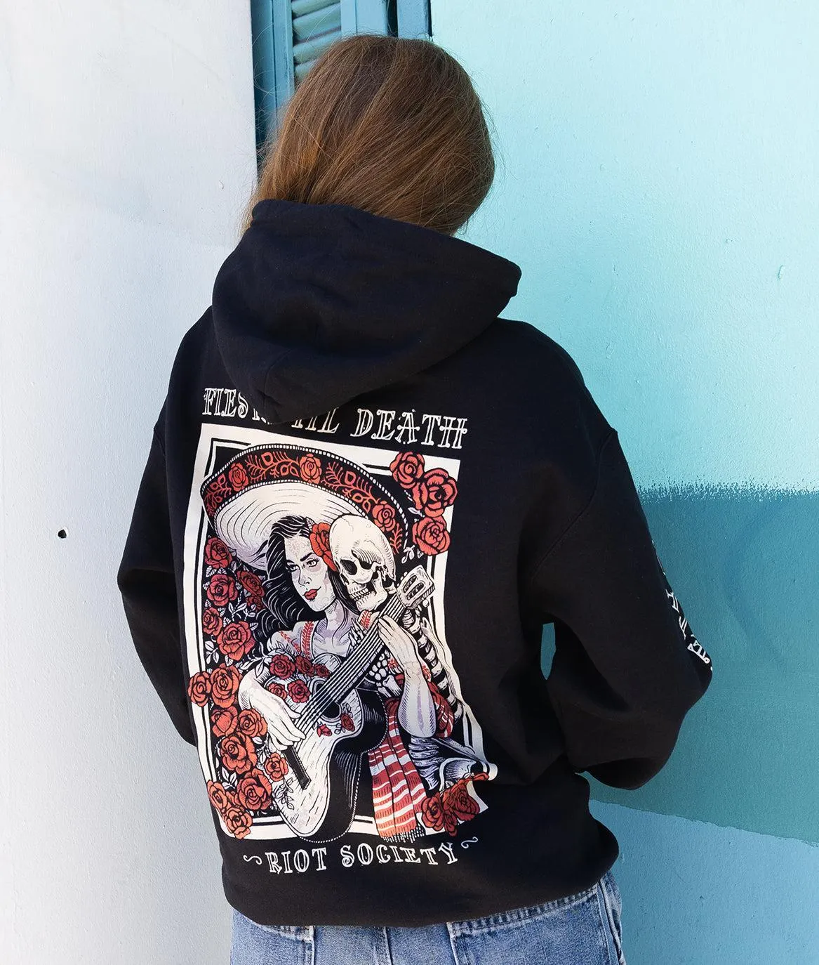 Fiesta Til Death Skeleton Poster Womens Hoodie - Black sold by riot society
