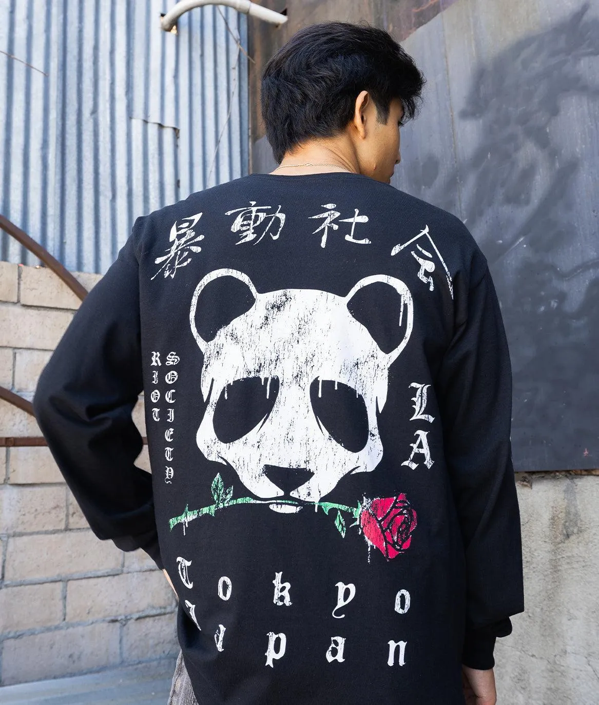 Panda Rose Distressed Mens Long Sleeve T-Shirt - Black sold by riot society product image thumbnail 3