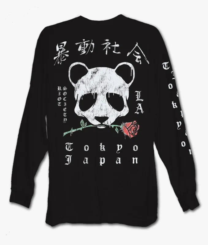 Panda Rose Distressed Mens Long Sleeve T-Shirt - Black made by riot society