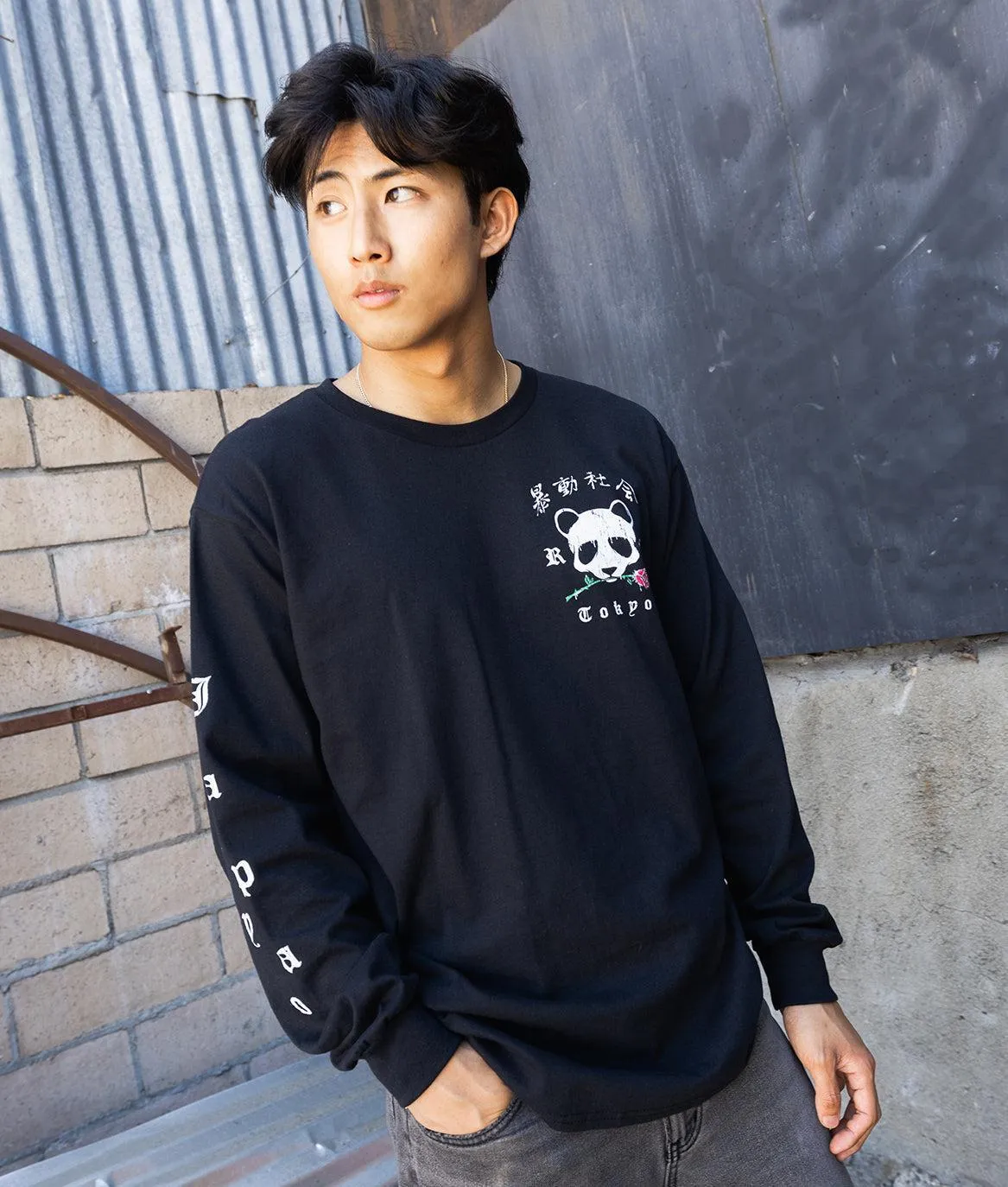 Panda Rose Distressed Mens Long Sleeve T-Shirt - Black sold by riot society product image thumbnail 2