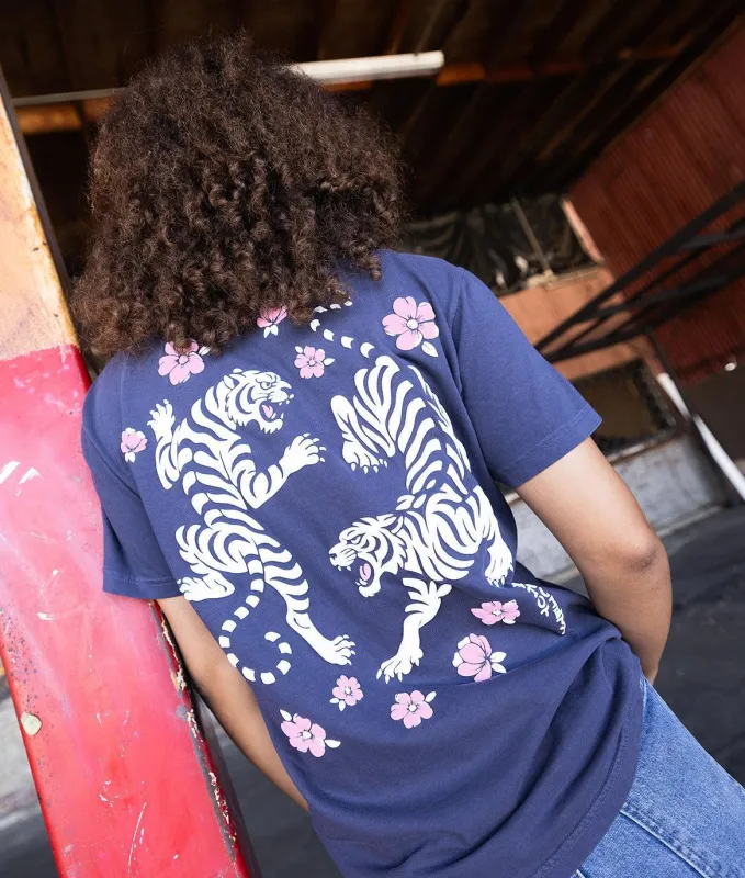 Tiger Cherry Blossoms Puff Boyfriend Tee - Navy made by riot society